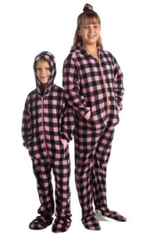Pink & Black Buffalo Plaid Fleece Pajamas With Hood & Feet for Kids